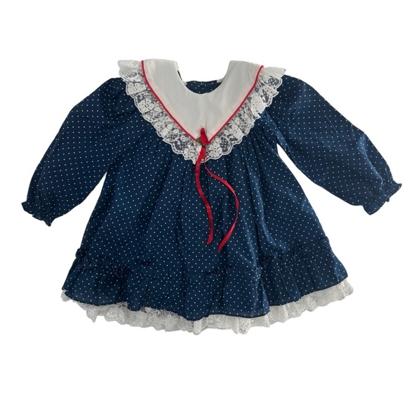 Hugs & Kisses Other - Vintage Hugs & Kisses Navy Blue Polka Dot Lace Rose Flowy Girls Formal Dress 3T